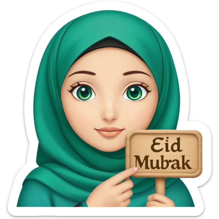 Turkish beautiful finish Konya girl blue eyes with green emerald hijab islamic dress and had on her hand text Eid Mubarak with sweets and celebrating with her friends eid days   sticker