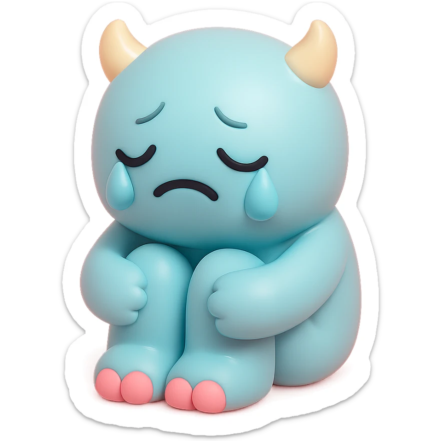 sad monster sitting with its knees up, crying, small horns, pastel color palette, no background, vinyl figure style sticker