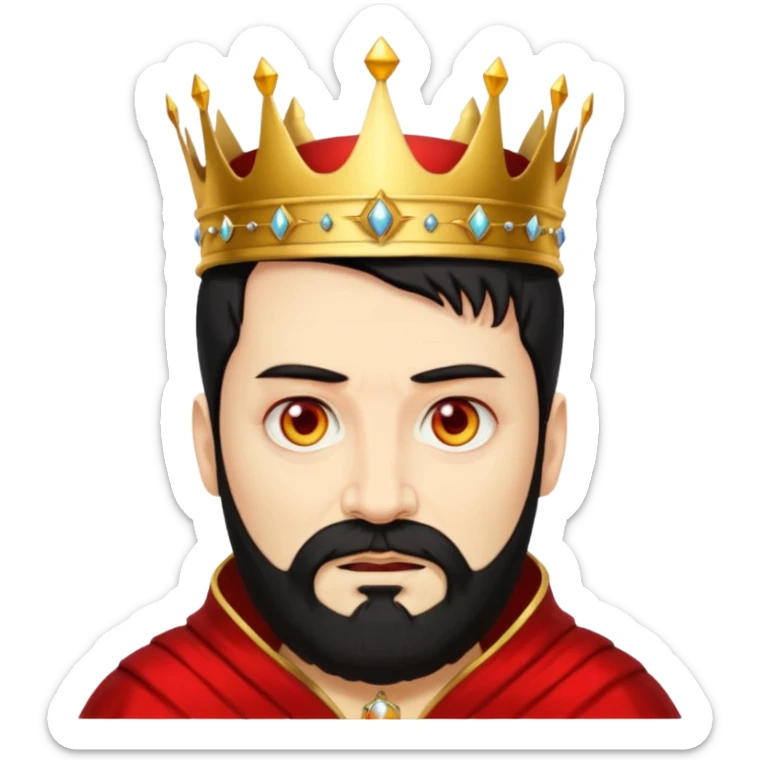 

a yellow king, red eyes, 60 years old, black hair, black beard, wearing a crown, red robe, fierce face emoji
 sticker