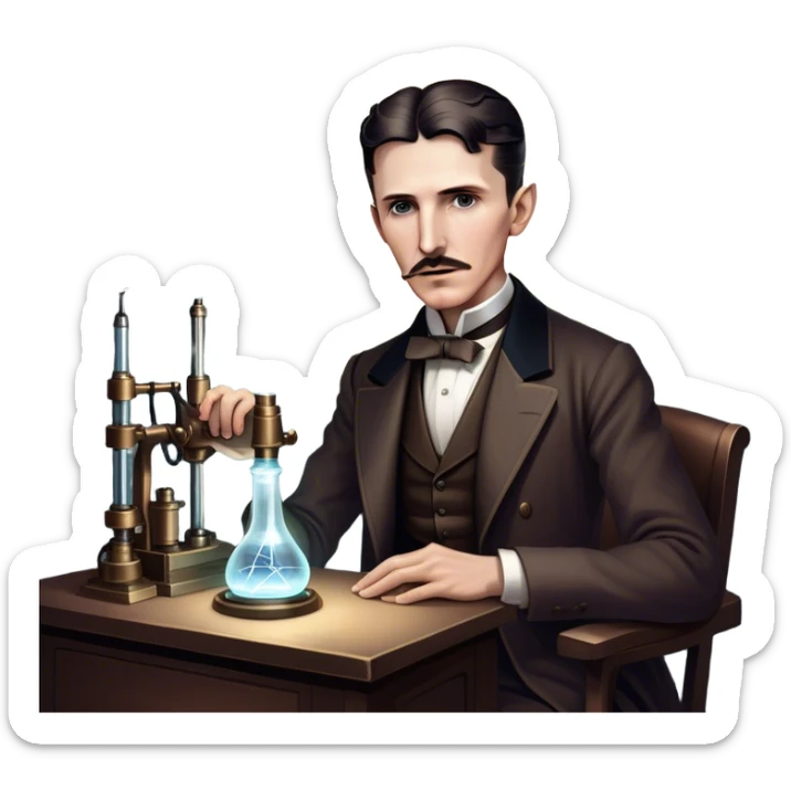 Nikola Tesla – Cinematic Realistic Portrait of Nikola Tesla, depicted as a visionary inventor with intense, thoughtful eyes and period attire, surrounded by subtle arcs of electric light and early laboratory apparatus, rendered with dramatic lighting that evokes mystery and innovation. sticker