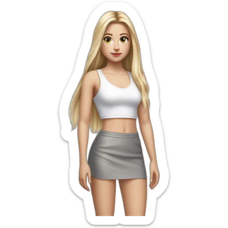 hyperrealist caucasian girl, long straight blonde hair, white v-neck laced crop tanktop, grey tight mini skirt, sneakers, facing camera sticker