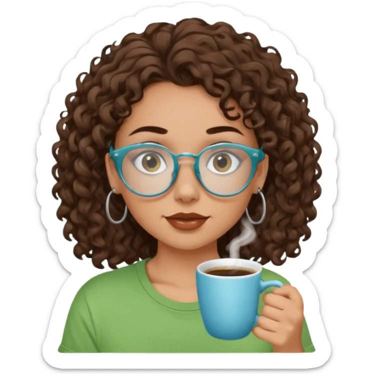 White girl with dark brown curly hair, brown eyes, sky blue glasses, nose piercing septum, green t shirt, drinking coffee from a cup sticker