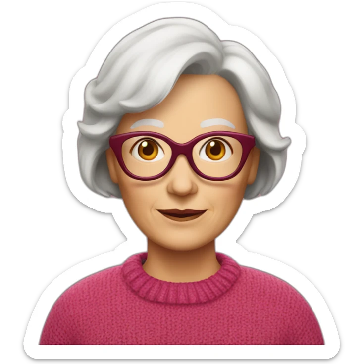 65 year-old Dutch white woman with dark red colored short hair, pink sweater and gold glasses sticker
