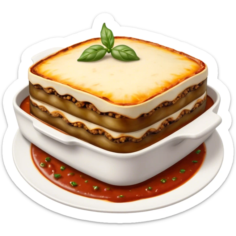 Cinematic Realistic Moussaka Dish Emoji, depicted with layers of eggplant, minced meat, and b√©chamel sauce rendered with rich textures and warm, inviting lighting that captures its Mediterranean flavor. sticker