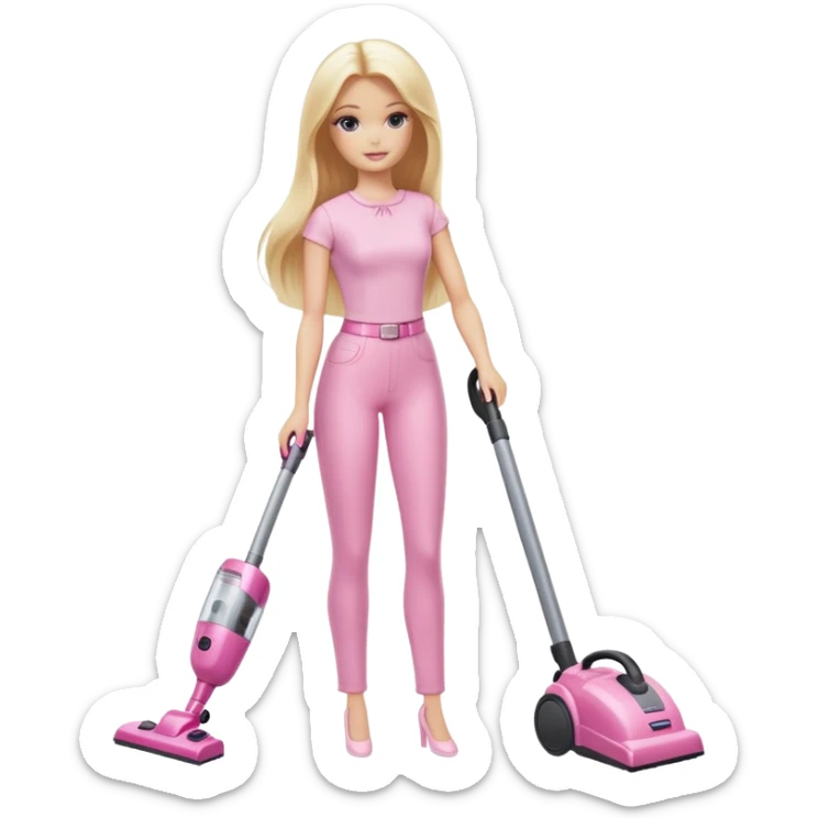 A white Barbie girl with long blonde straight hair in pale pink-colored clothes vacuums sticker