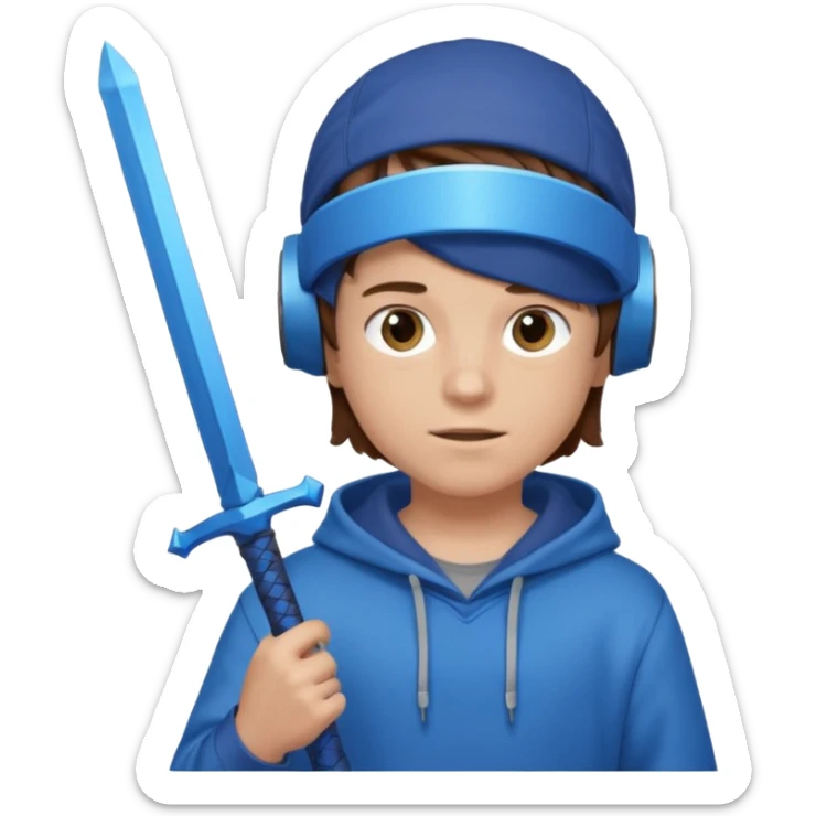 a boy with brown hair, a blue vr headset. a blue hoodie and a blue sword and show the hair sticker