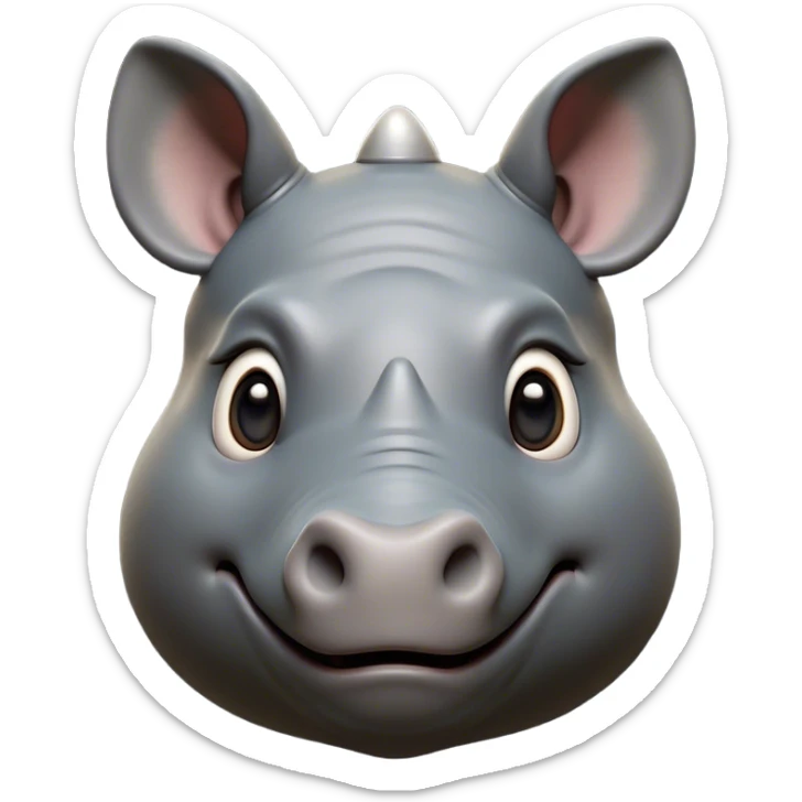 Cinematic Cute Rhinoceros Portrait Emoji, Head tilted playfully and inquisitively, featuring a rugged, glossy slate-gray hide with a gentle, rounded horn and round, sparkling eyes filled with curious wonder, Simplified yet irresistibly adorable features, highly detailed, glowing with a warm, friendly glow, high shine, affectionate and mighty, stylized with a touch of ancient charm, bright and endearing, soft glowing outline, capturing the essence of a mischievous yet loving rhinoceros, so playful it feels like it could stomp out of the screen and into your arms! sticker