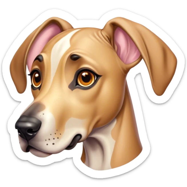 Cinematic Cute Fawn Great Dane Portrait Emoji, Head tilted playfully and inquisitively, showcasing a glossy fawn coat with a subtle luster, round, sparkling amber eyes filled with curiosity, Simplified yet irresistibly adorable features, highly detailed, glowing with a warm, friendly glow, high shine, affectionate and gentle, stylized with a touch of whimsy, bright and endearing, soft glowing outline, capturing the essence of a mischievous yet loving pup, so playful it feels like it could lumber out of the screen and into your arms! sticker