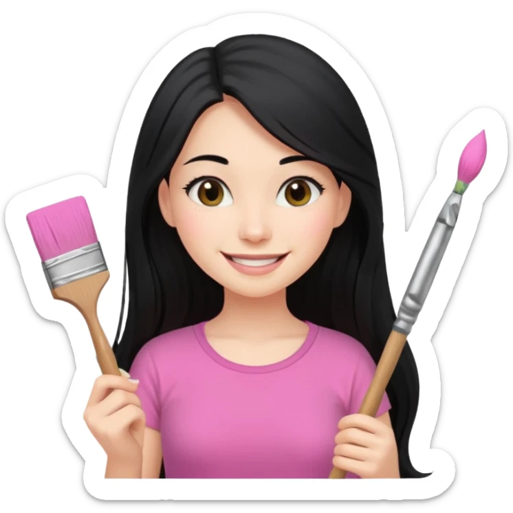 Painting women. smilling   Long black hair,  lunette peinture top pink, pinceau sticker