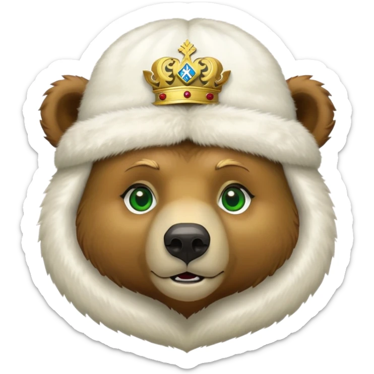 Cute grizzly bear face with green eyes, wearing a white fur hat with golden Russian coat of arms in the middle sticker