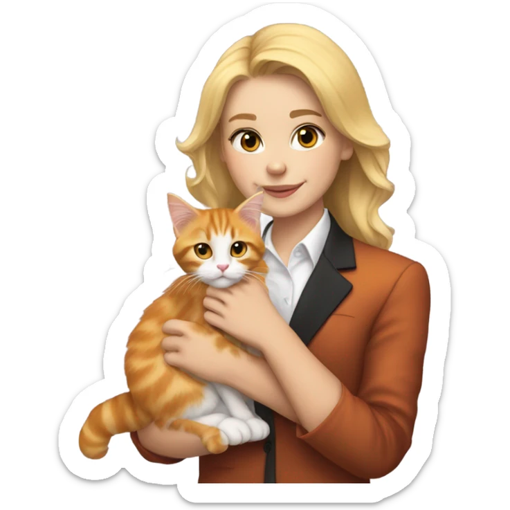 Blonde girl with her orange tuxedo maine coon kitten sticker