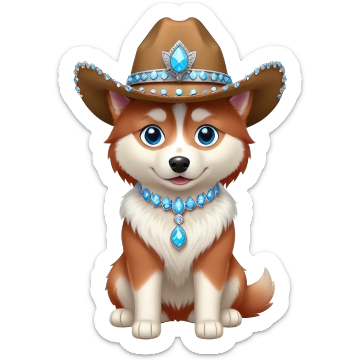 cute, disney-style red siberian husky with blue eyes wearing a bedazzled cowgirl hat, full body view sticker