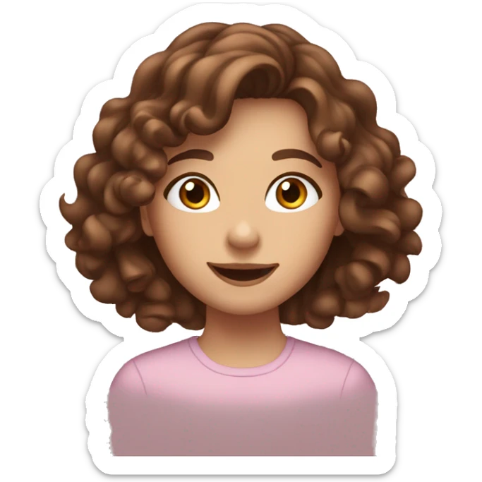 teen girl with long brown curly hair, brown eyes, waving to the camera sticker