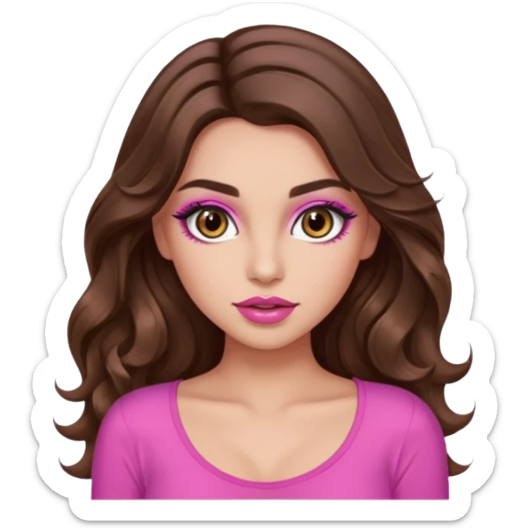 girl with long wavy brown hair, brown eyes, long lashes makeup, sexy pink lips, light to medium complexion, wearing a pink sexy t sticker
