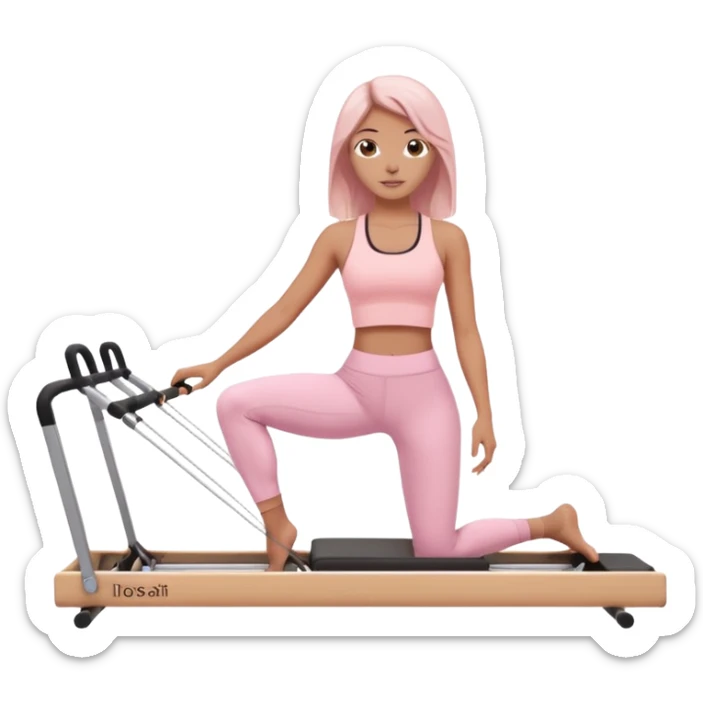 a girl doing reformer pilates, she is wearing a pastel pink fit and she has dark straight and loose hair.  sticker
