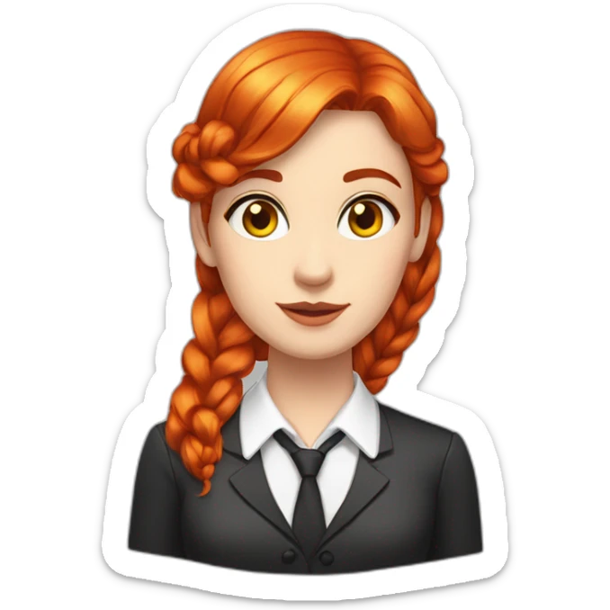 White Woman, red hair with fishtail braids and side swipe bangs, red hair, yellow eyes, white button up shirt, black tie. sticker