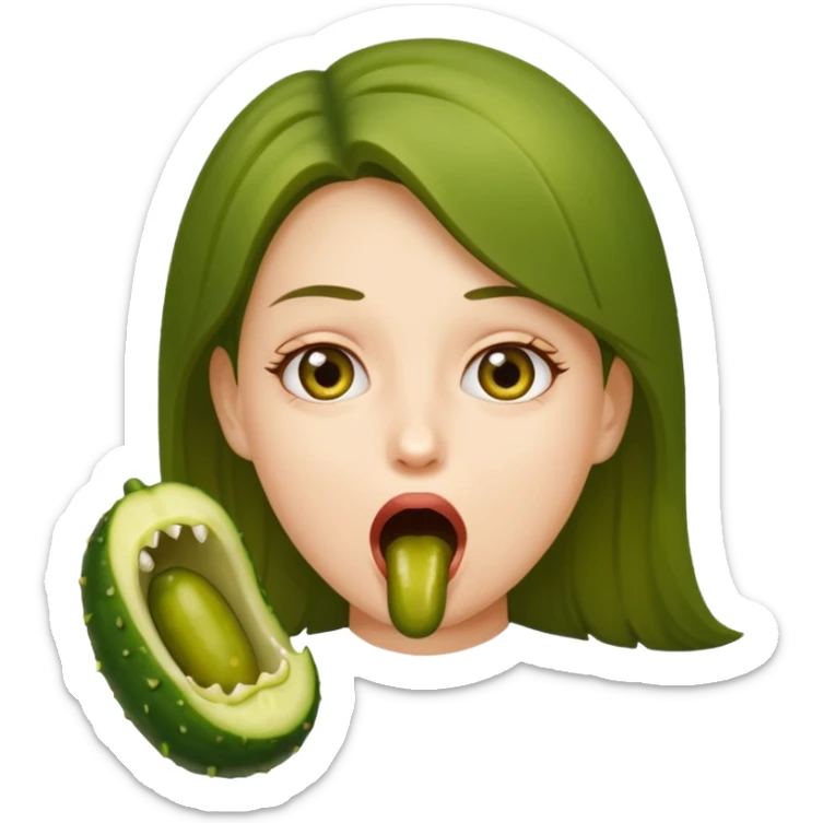 A girl opening her mouth insanely wide with a pickle inside her mouth  sticker