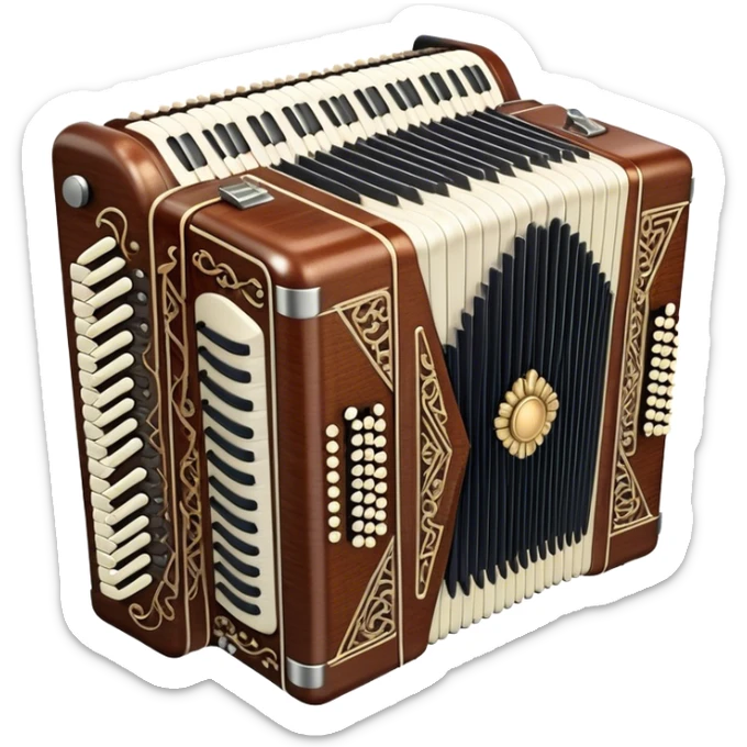 Cinematic Realistic image of a classic accordion, rendered with finely detailed textures and intricate keywork, set against a backdrop of soft, ambient lighting that highlights its vintage charm sticker