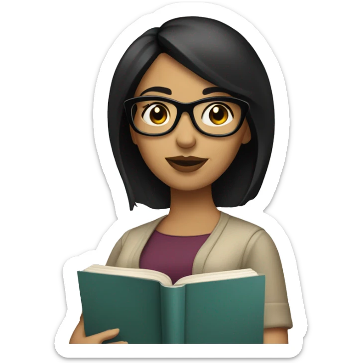 Hispanic woman with short straight black hair  and dark glasses with a book sticker