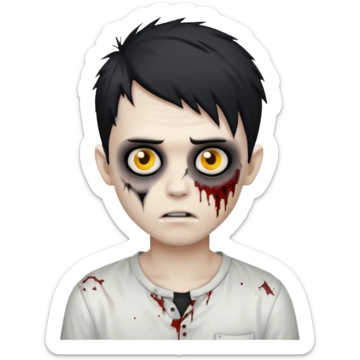 zombie boy with messy black emo hair, white shirt, scar on cheek, classic emoji style sticker