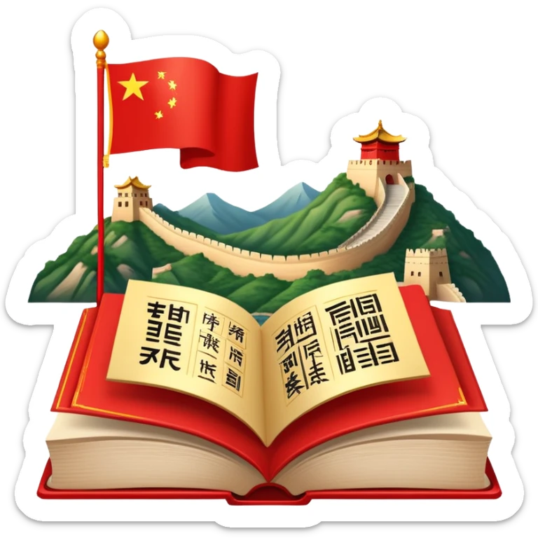 An icon featuring the Great Wall of China and the flag of China, symbolizing the Chinese language. The design includes an open book with Chinese characters and a red lantern, representing language learning and rich cultural tradition. Transparent background highlights the depth of Chinese heritage. sticker