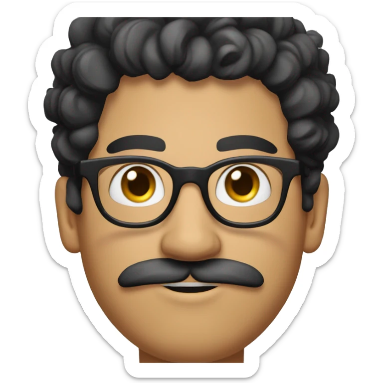 White man with his black curly hair in a big bun, big round glasses, a moustache and a goatee sticker