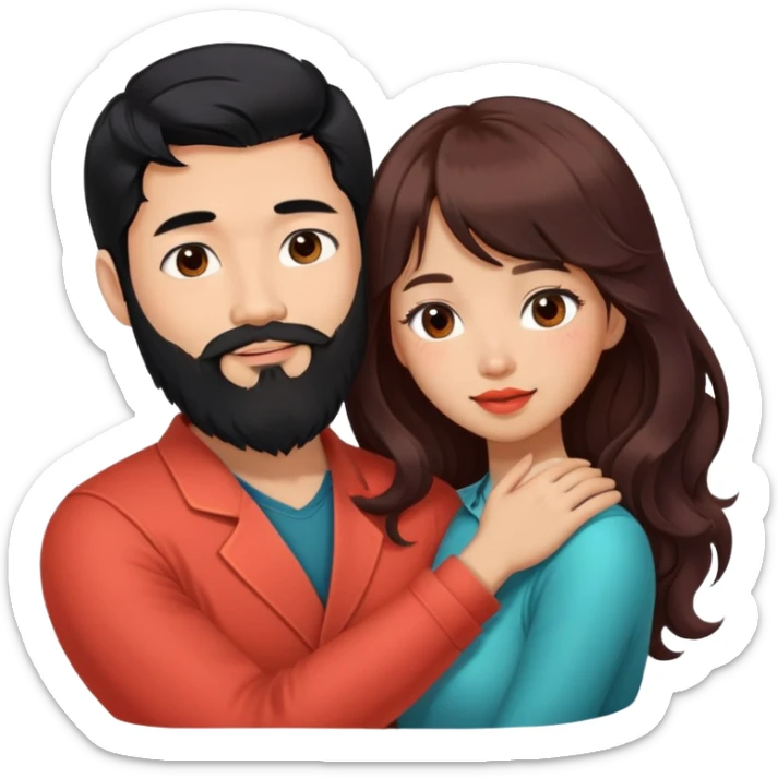 handsome tall asian man with long black hair and beard, hugging cute woman with tan skin and long wavy reddish brown hair with bangs and coral lipstick sticker