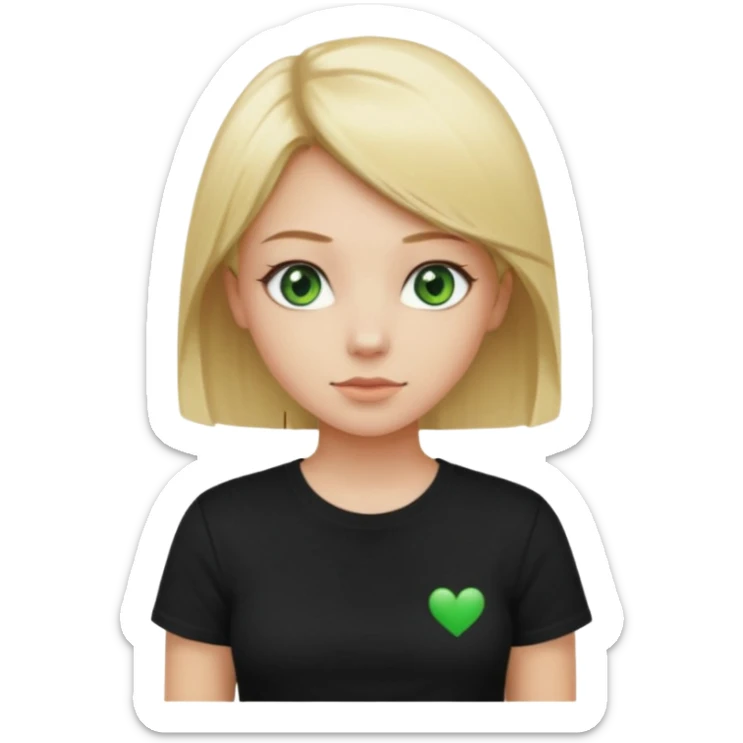 Girl with green eyes, blonde with an even hole with straight hair up to the waist in a black t-shirt sticker