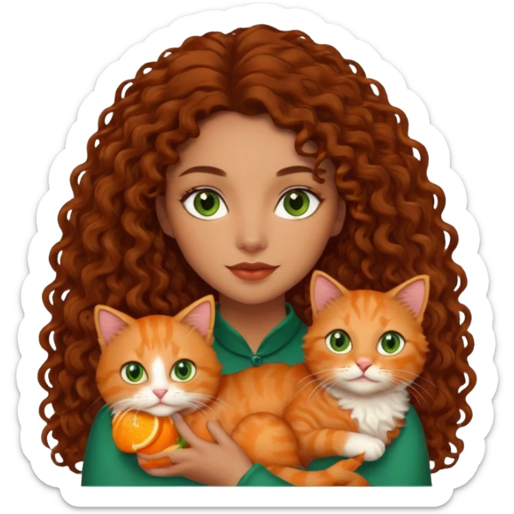 Woman light brown skin long dark curly hair, green eyes, with a cat sticker