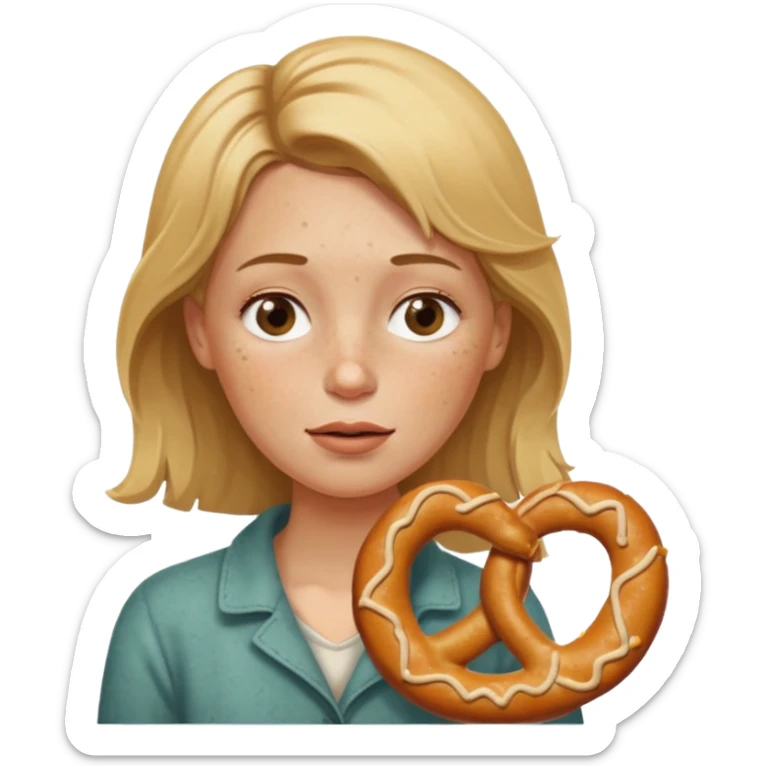 One eye closed, Dirty blond woman, fair skin with freckles,  holding pretzel sticker