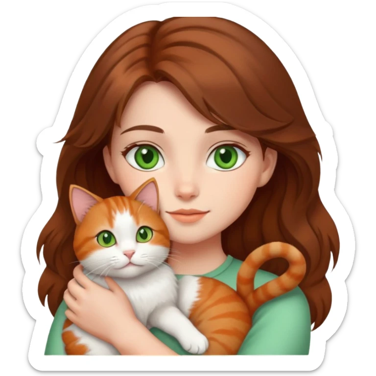 A girl with brown hair and green eyes hold a cat sticker