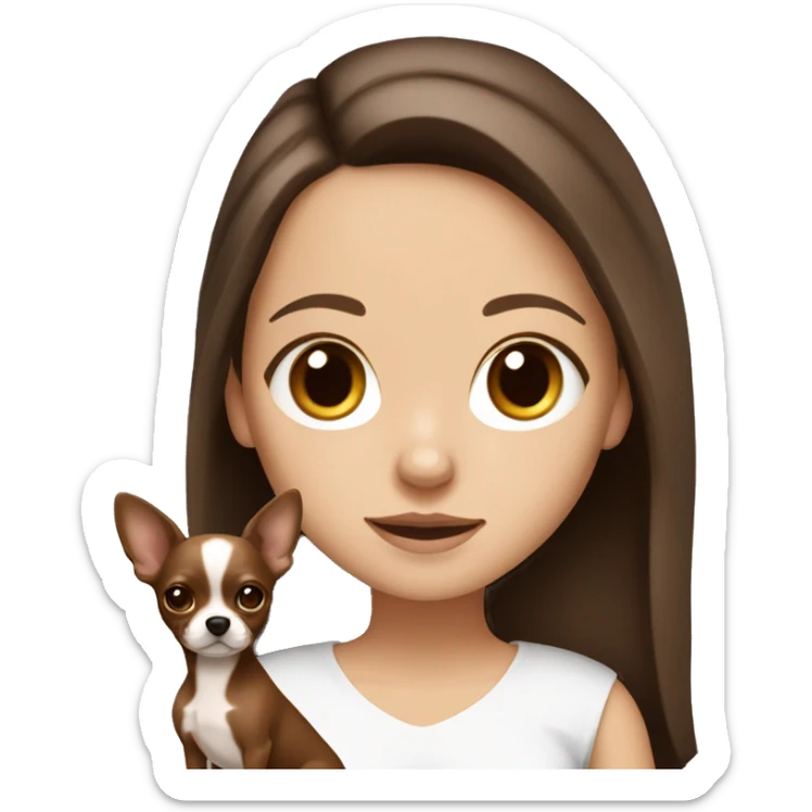 White girl with dark brown hair and middle part holding tan and chocolate brown chihuahua sticker