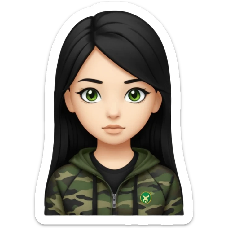 cute teenage girl, cute black trendy athletic clothes, light tan skin, very dark camo green eyes, long black hair, very long eyelashes sticker