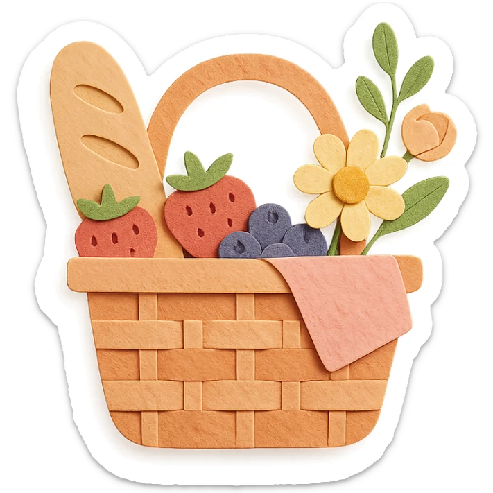 a picnic basket with berries, bread, and flowers, warm pastel shades, paper craft style sticker