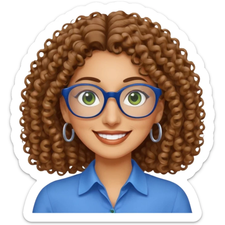 40 yr old Iranian woman, light brown very curly thick hair, shoulder length hair, green eyes, tan skin, big smile, big glasses, with pretty blue blouse sticker