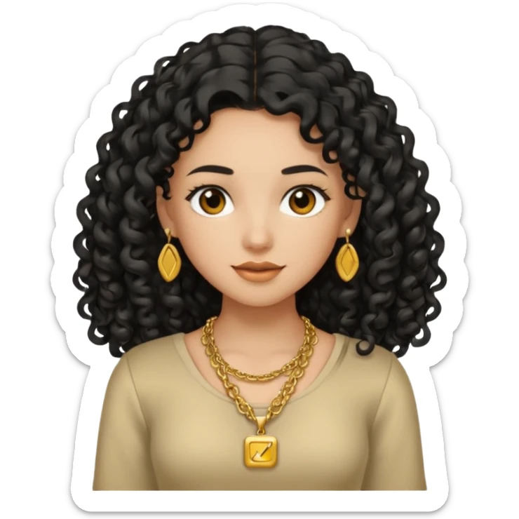 A tan girl with long black  curly hair, a gold necklace, and a square neckline shirt sticker