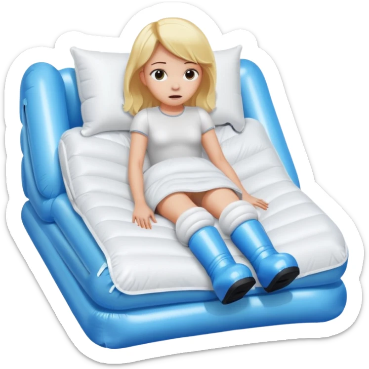 chica rubia con cara de miedo con unas botas de presoterapia gigantes inflables tirada en una cama sticker