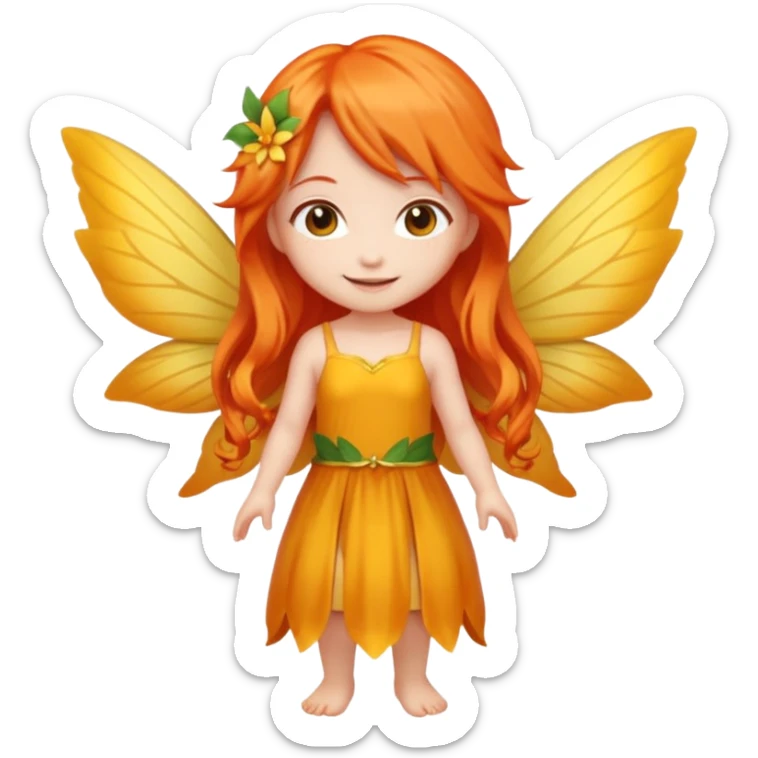 fairy with long orange hair, yellow wings, red dress, happy, chibi full body sticker