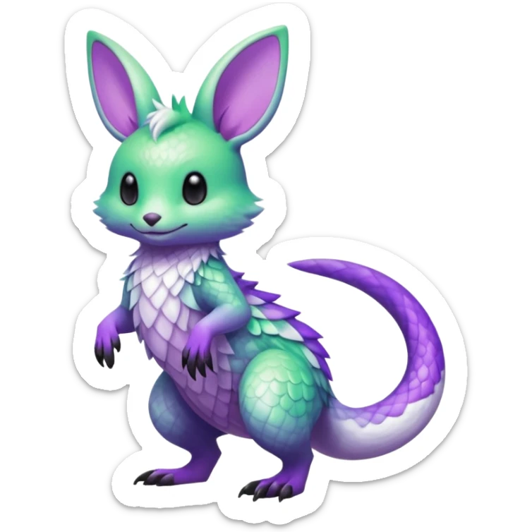 Realistic Iridescent Neon Green-Purple-gradients Minccino-Vernid-Emolga-Sergal-fusion-hybrid-animal-creature, full body sticker