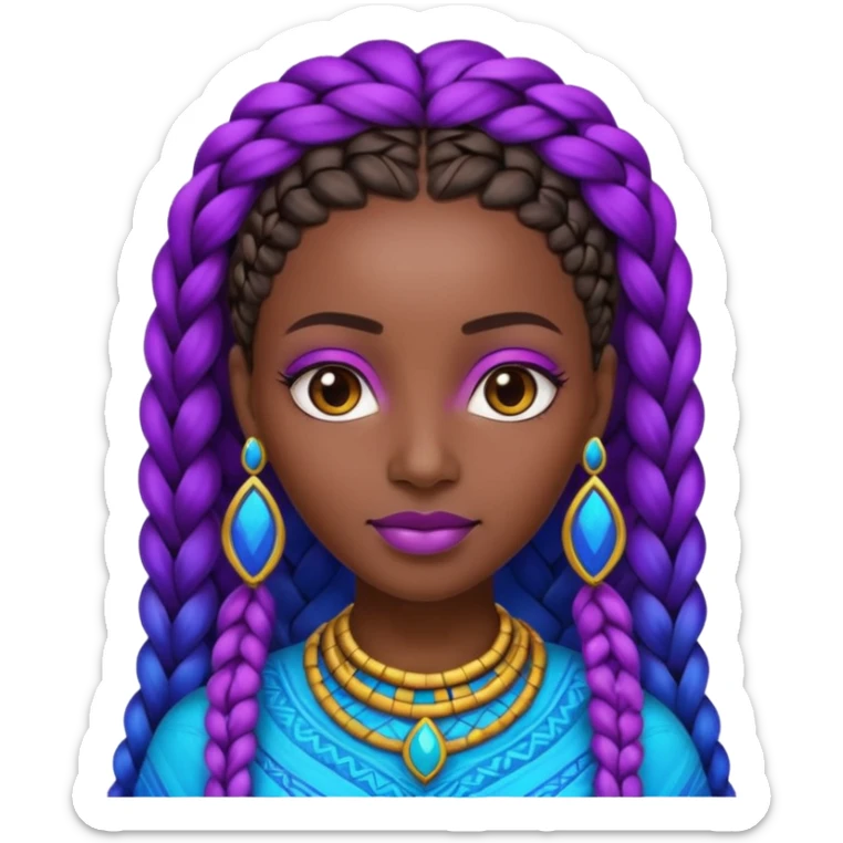 Create me an emoji of a beautiful Ethiopian Queen of Sheba with amazing braids wearing a neon purple and blue gradient African patterns. sticker
