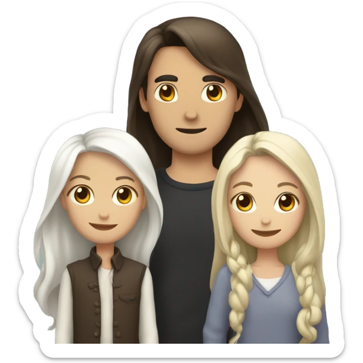  a woman with long brown hair, a man with white hair and a round face, and a young girl with long black hair standing between them, representing a family unit sticker