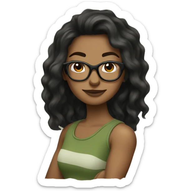 white skined woman with wavy long black hair with a olive green tank top with glasses tortoise  sticker