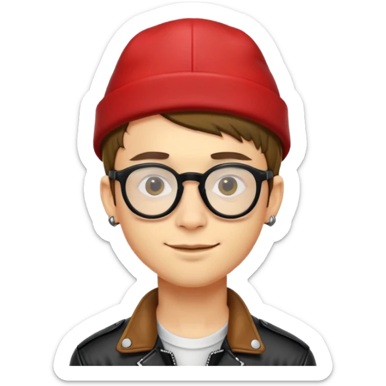 con trai 20 tuổi, da vàng, tóc ngắn màu nâu, đội mũ màu đỏ, đeo kính màu đen, khoác áo da màu đỏ, nụ cười nhếch mép, đeo khuyên mũi sticker