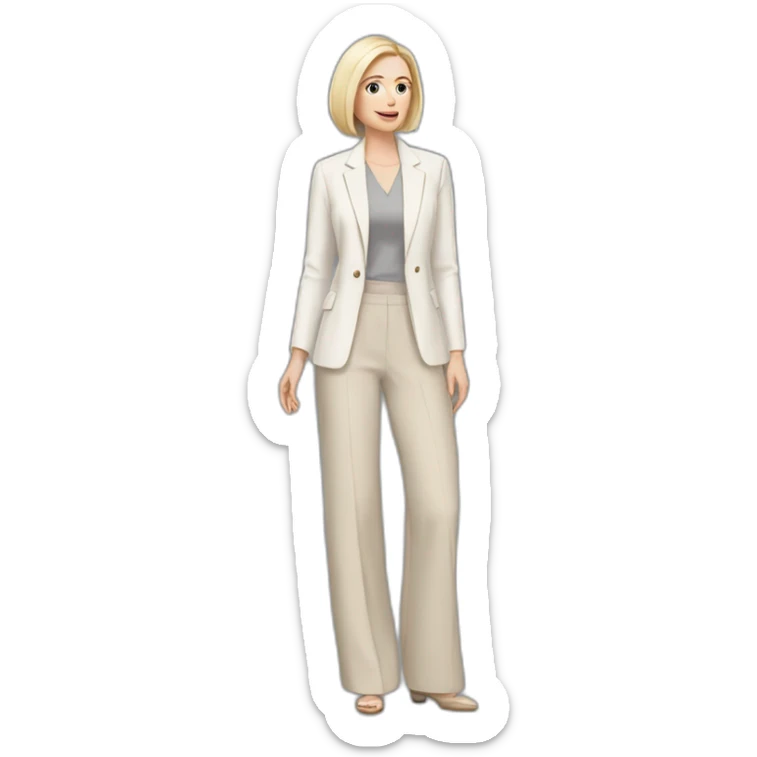 Full height Actively gesturing with hands pale skin woman with ash blonde Straightened bob Hair, White Spacious classical jacket, beige palazzo Arrow pants and gray blouse sticker