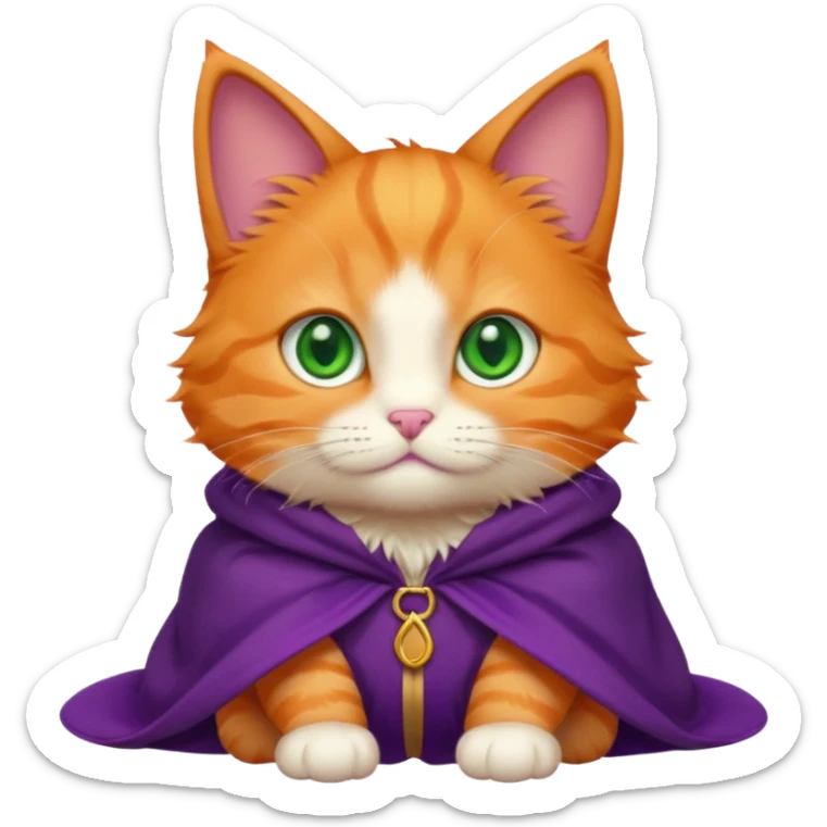 baby orange cat green eyes, in purple cloak sticker