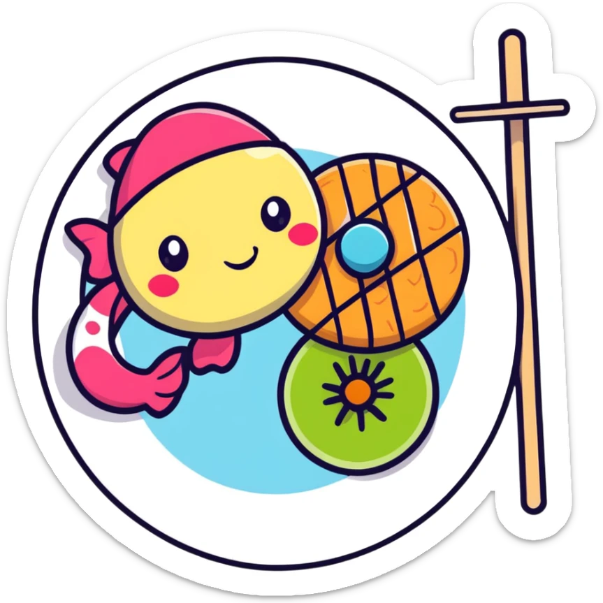 A cute arrangement of red apple, fish cake with pink swirl, rice cracker, and tri-colored dango skewer as a food snack collection sticker