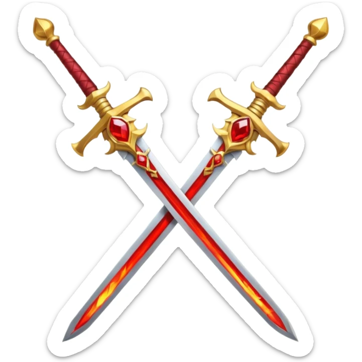 Two crossed swords that are golden in blade and handle and have fiery and royal appearence to them as well as red gem stones yellow in color sticker