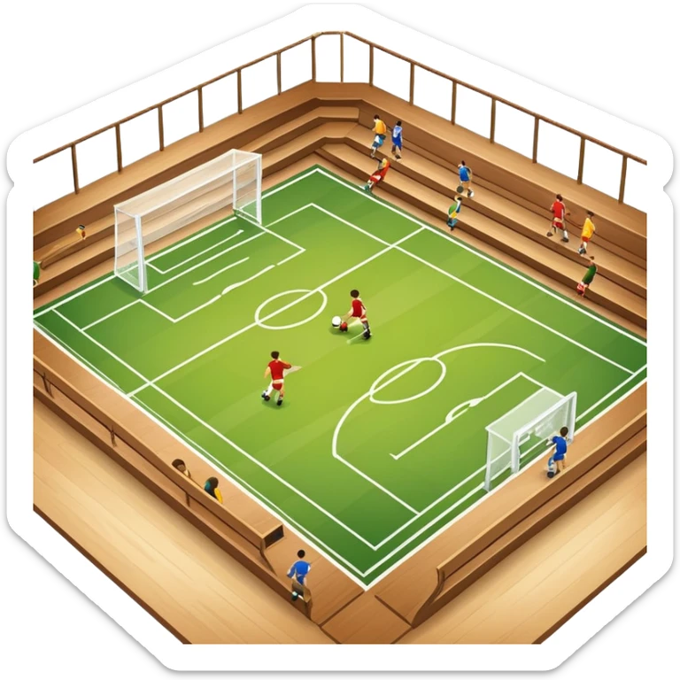 A mini-football match in an indoor sports hall with a wooden floor and clear court markings. The scene captures players in action, with the ball moving towards the goal, and the surrounding bleachers and overhead lights adding to the atmosphere of a competitive game. sticker