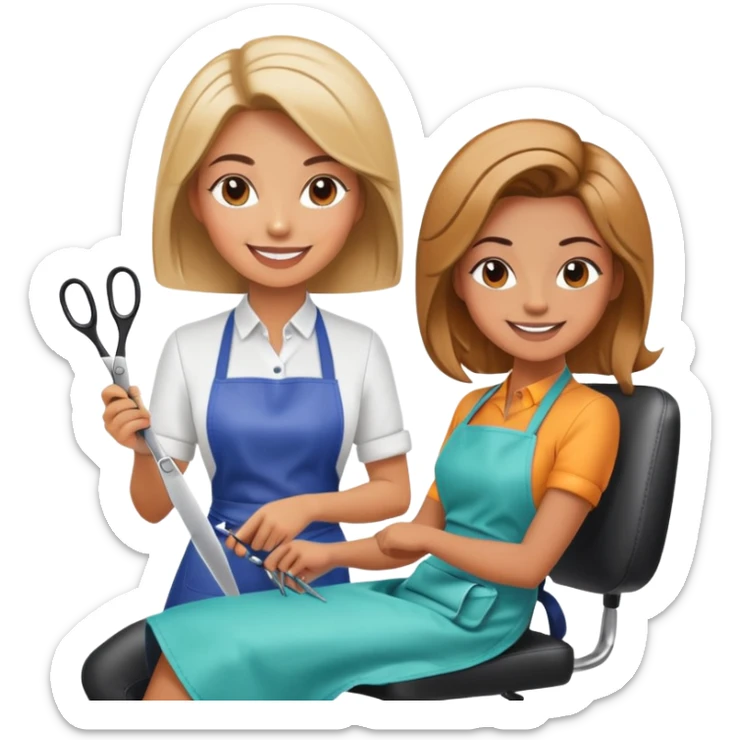 smiling woman in apron sitting in salon chair, smiling female hairstylist behind her with scissors sticker