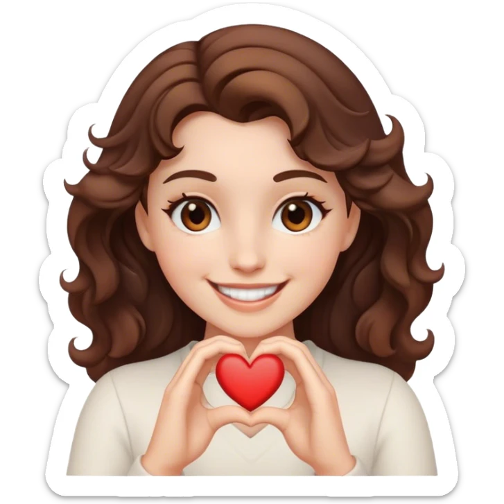 White women in a wavy hair brown and black eyes smiling and making a heart sticker